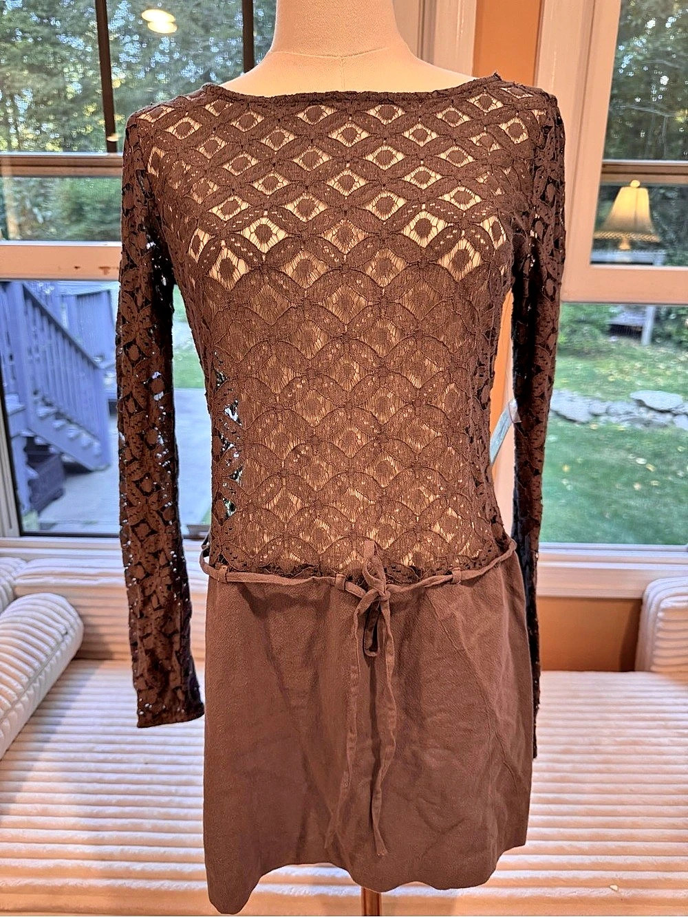 Free People Lovely in Lace Bodycon Mini Dress Brown XS